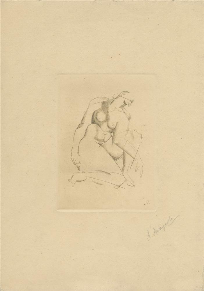 ALEXANDER ARCHIPENKO - Original drypoint: Alexander Archipenko (Ukranian-Russian-American, 1887 - 1964). "Kneeling [unrecorded signed lifetime impression]". Original drypoint. 1920. Signed in pencil, lower right. Not editioned in Archipenko's