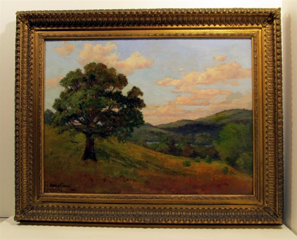 BRUCE CRANE - Oil on canvas: Bruce Crane (American, 1857-1937). "The Lone Tree". Oil on canvas. c1924. Signed lower left. Good condition. Probably the original frame. Crane (born Robert Bruce Crane) joined the Lyme Art Colony in