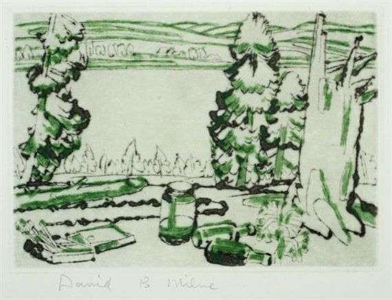 DAVID B. MILNE - Color drypoint: David B. Milne (Canadian, 1882 - 1953). "Painting Place". Color drypoint. 1931. Signed in pencil, lower left. Cream wove Fabriano paper. Deckle edges lower and right margins. Fine impression. Very goo