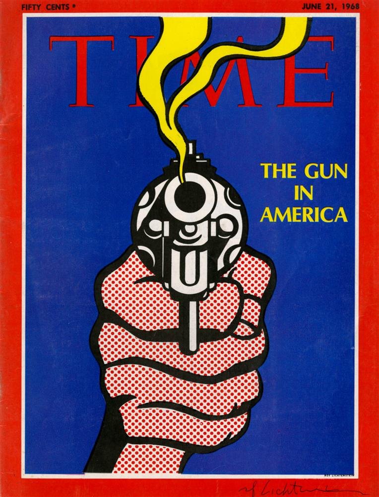 ROY LICHTENSTEIN - Color offset lithograph: Roy Lichtenstein (American, 1923-1997). "The Gun in America". Color offset lithograph. 1968. Signed in pen, lower right. Edition unknown, presumed very large. White coated paper. The full sheet; untri