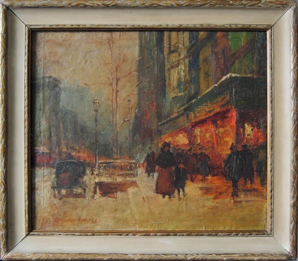 EDOUARD CORTES - Oil on canvas: Edouard Cortes (French, 1882-1969). "La Porte Saint Martin". Oil on canvas. 1920s/1930s. Signed lower left. Good condition. Laid to board. Inspected under blacklight. Signature contemporaneous to pain