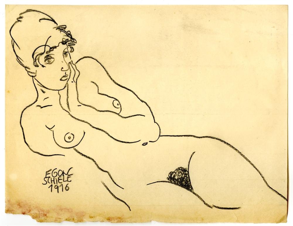 EGON SCHIELE [par/imputee] - Pencil drawing on: Egon Schiele [par/imputee] (Austrian, 1890-1918). "Nachdenklich nackt". Pencil drawing on paper. 1916. Bears signature and dated, lower left. Cream laid watermarked paper. Condition: image very good;