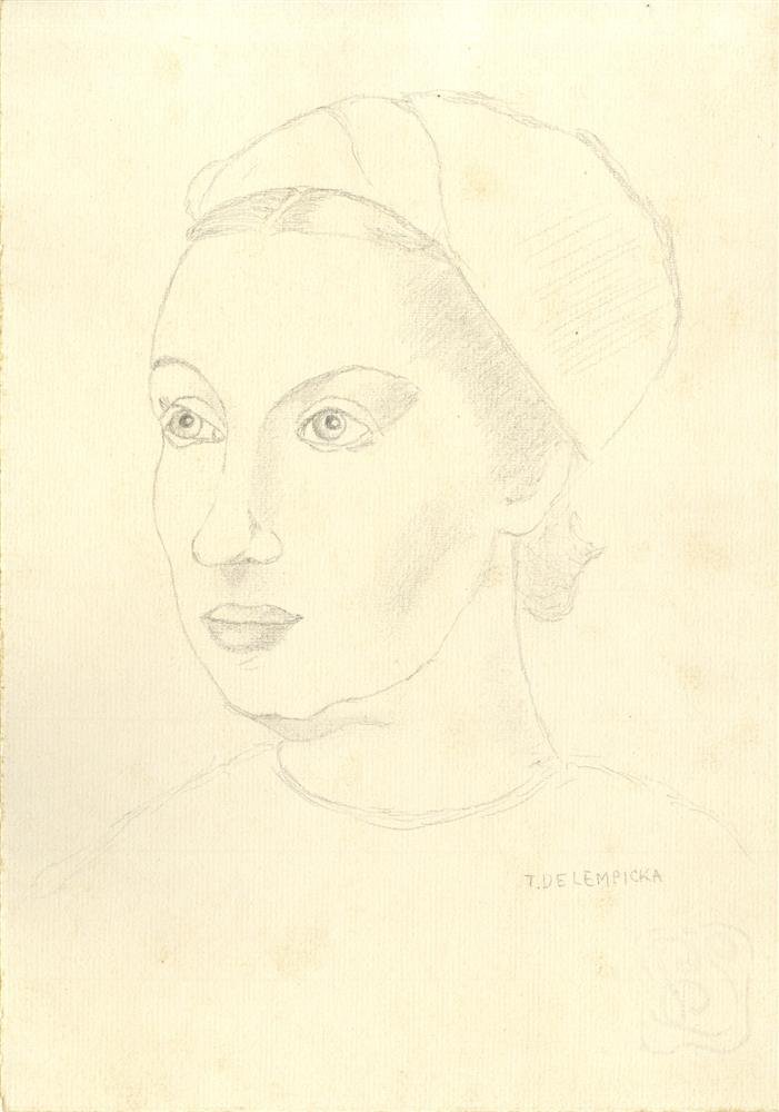 TAMARA DE LEMPICKA - Pencil drawing on paper: Tamara de Lempicka (Polish, 1898-1980). "Portrait d'une femme". Pencil drawing on paper. c1930s. Signed in pencil, lower right; stamped verso. Light cream laid paper. Good to very good condition; scat