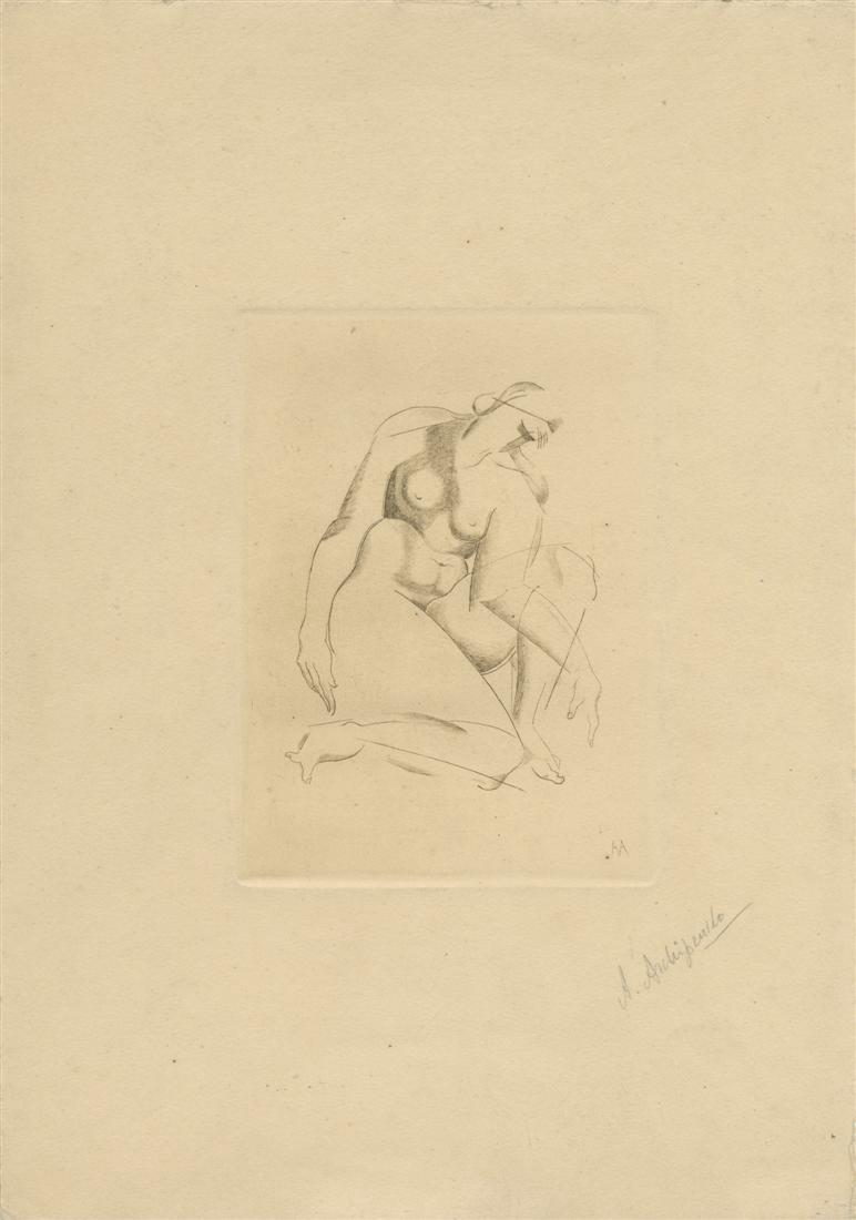 ALEXANDER ARCHIPENKO - Kneeling: Alexander Archipenko (Ukranian-Russian-American, 1887 - 1964). "Kneeling [unrecorded signed lifetime impression]". Original drypoint. 1920. Signed in pencil, lower right. Not editioned in Archipenko's