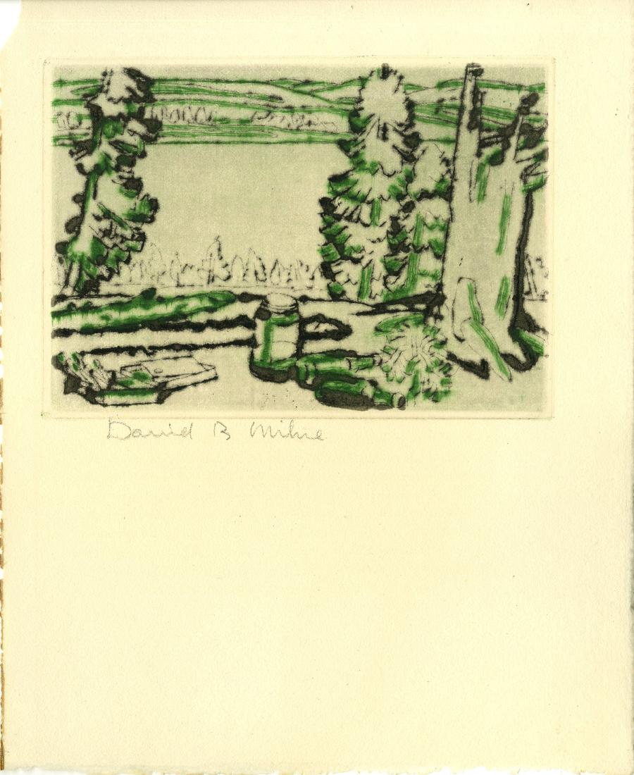 DAVID B. MILNE - Painting Place/Hilltop: David B. Milne (Canadian, 1882 - 1953). "Painting Place/Hilltop". Color drypoint. 1931. Signed in pencil, lower left. Edition of 3,000 (of which all were printed?). Cream wove Fabriano paper. Deckle e