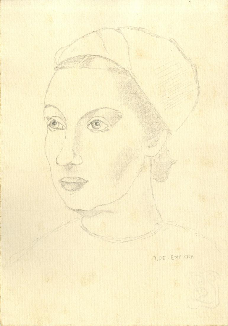 TAMARA DE LEMPICKA - Portrait d'une femme: Tamara de Lempicka (Polish, 1898-1980). "Portrait d'une femme". Pencil drawing on paper. c1930s. Signed in pencil, lower right; stamped verso. Light cream laid paper. Good to very good condition; scat