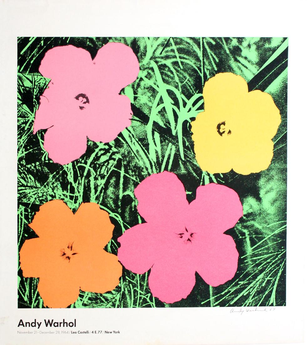 ANDY WARHOL - Flowers: Andy Warhol (American, 1928 - 1987). "Flowers [Leo Castelli]". Color offset lithograph. 1964. Signed and dated in black ballpoint pen, lower right. Edition unknown - c300?. Heavy cream wove paper. The