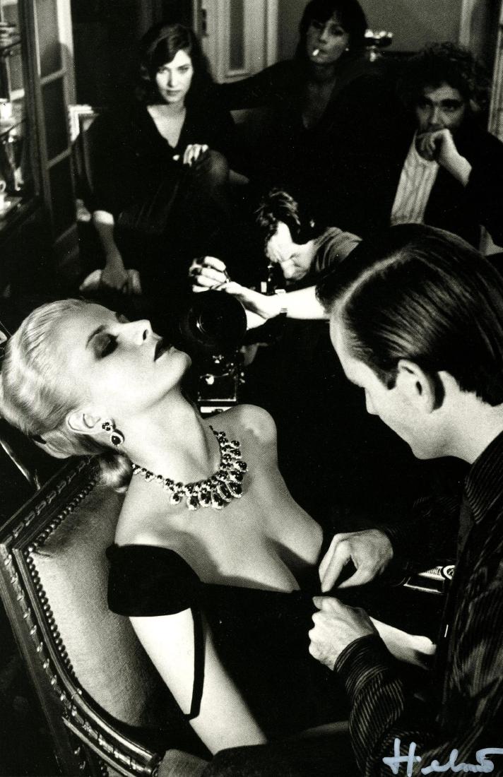 HELMUT NEWTON - Givenchy & Bulgari, French Vogue: Helmut Newton (German/Australian, 1920-2004). "Givenchy & Bulgari, French Vogue [Paris]". Original photolithograph. 1980. Printed 1995. Signed in white marker, lower right. Edition unknown, presumed s