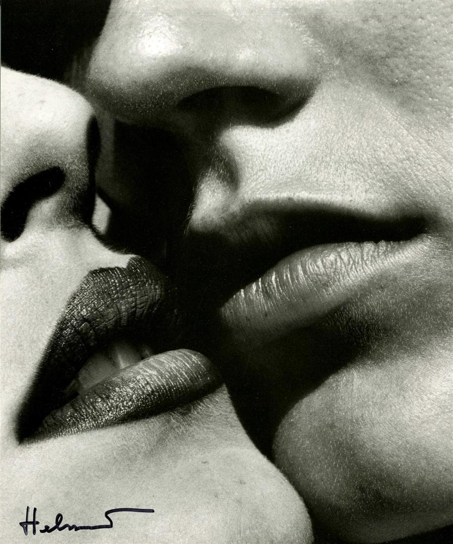HELMUT NEWTON - The Kiss, Bordighera: Helmut Newton (German/Australian, 1920-2004). "The Kiss, Bordighera [Italy]". Original vintage photolithograph. 1982. Printed 1995. Signed "Helmut" in black marker, lower left. Edition unknown, presum