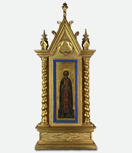 SAINT SERGIUS OF RADONEZH, ORTHODOX RUSSIAN ICON IN NEO-GOTHIC GILDED FRAME, 19TH CENTURY: SAINT SERGIUS OF RADONEZH, ORTHODOX RUSSIAN ICON IN NEO-GOTHIC GILDED FRAME, 19TH CENTURY TEMPERA ON WOOD, 22 X 8 CM TOTAL H. 53 CM TOT. WIDTH 23 CM