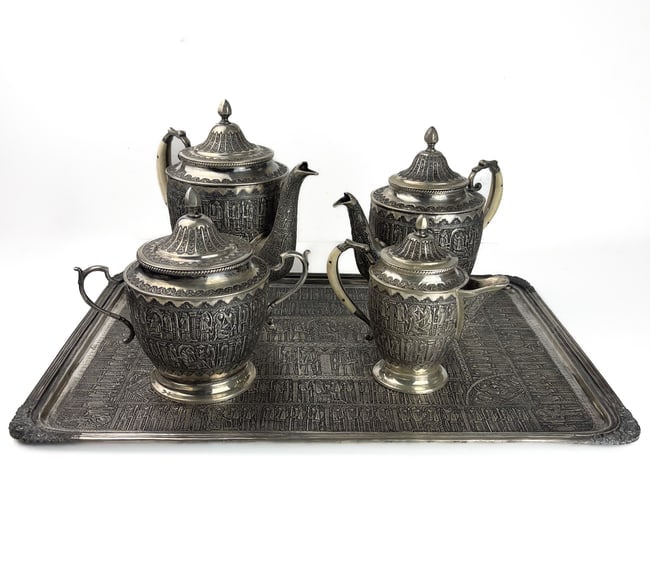 A PERSIAN SILVER TEA OR COFFEE SERVICE, IRAN, PAHLAVI ERA (1 of 4)