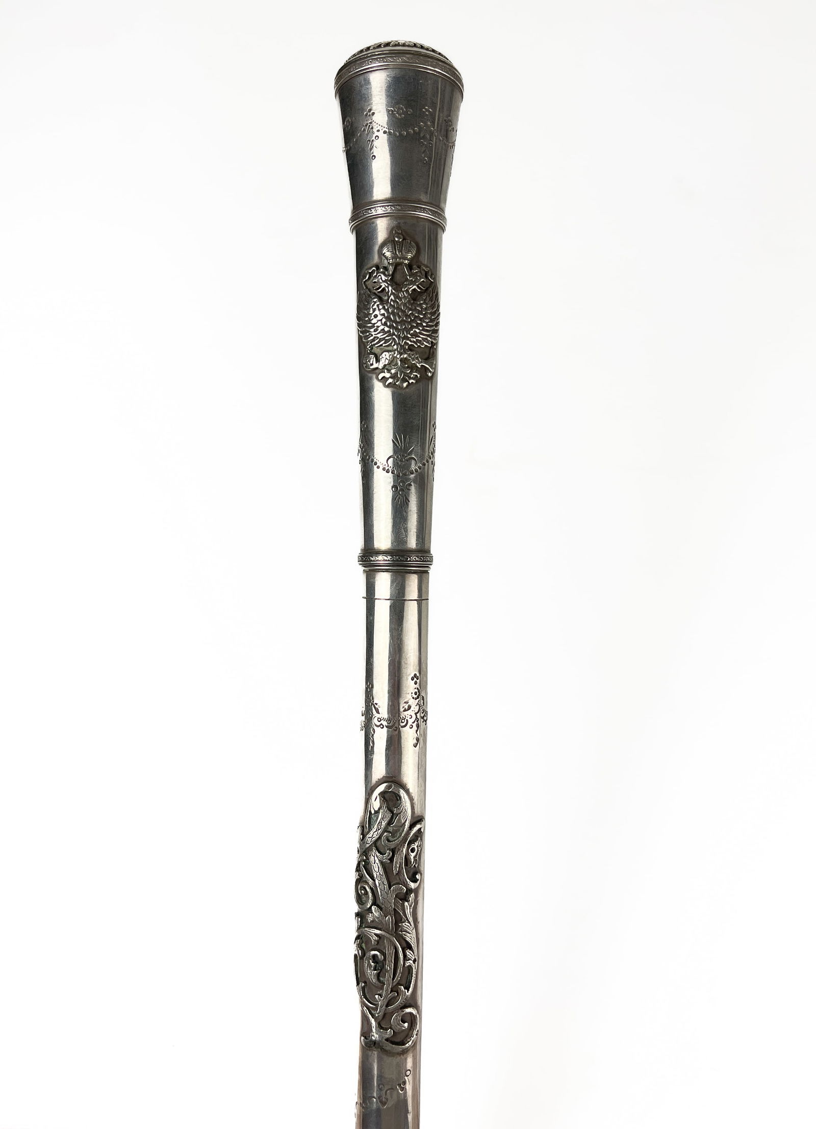 IMPERIAL RUSSIAN SOLID SILVER WALKING CANE WITH HIDDEN BLADE AND COMPARTMENT FOR COINS, 19TH C (1 of 7)