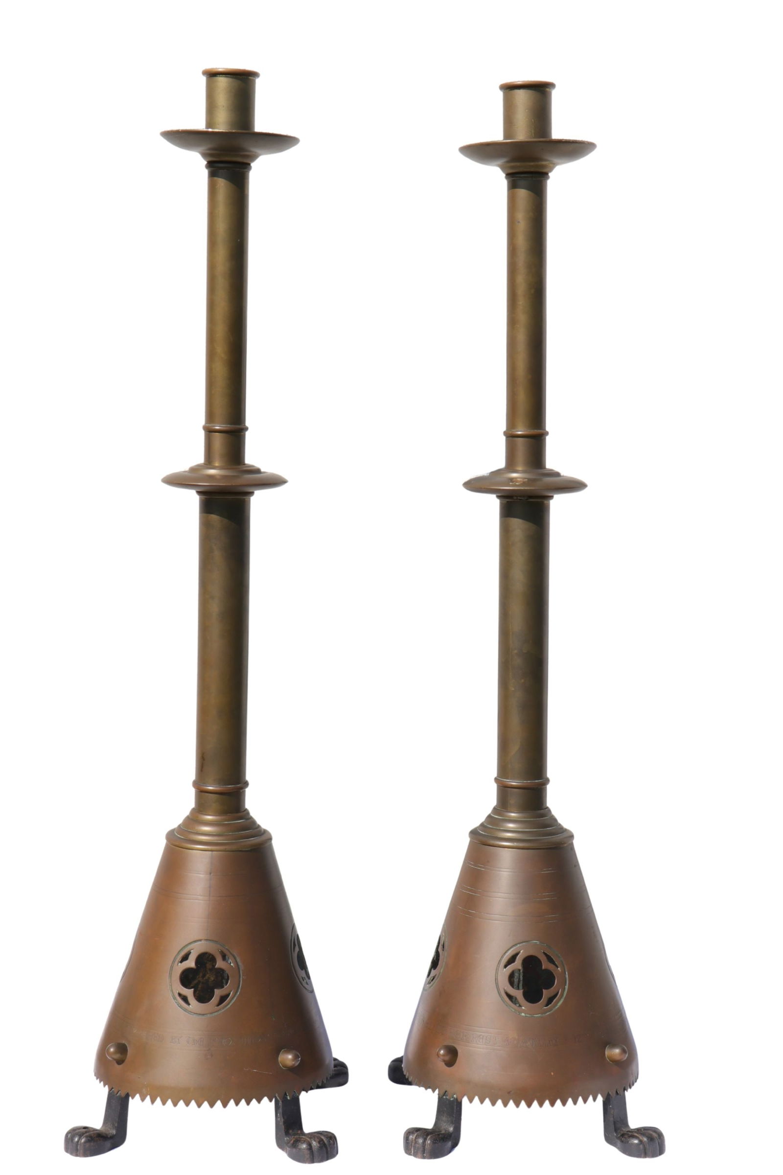 PAIR OF MONUMENTAL NEOROMAN CANDLESTICKS, 19TH C: PAIR OF MONUMENTAL NEOROMAN CANDLESTICKS, 19TH C INSCRIBED: LOVING MEMORY OF HOLLY BAXTER + AIHO DEPARTED TO HER REST + JANUARY + 12TH + 1866 OFFERD BY THE PROFESSOR TEACHERS AND PUPILS OF CLIFTON LAD