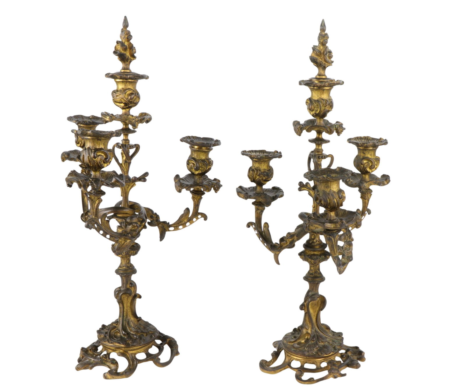 PAIR OF ROCOCO STYLE CANDLESTICKS: PAIR OF GILT BRONZE ROCOCO STYLE CANDLESTICKS EACH 49 CM HIGH BASE DIAMETER 15 CM NUMBERED AND SIGNED 'LG'