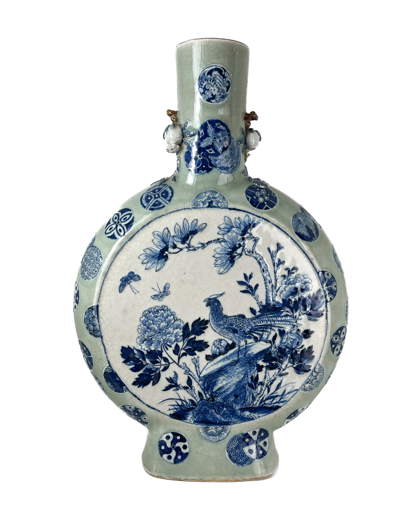 A LARGE CHINESE BLUE AND WHITE, CELADON-GLAZED MOON FLASK DECORATED WITH BIRDS, BUTTERFLY AND (1 of 1)