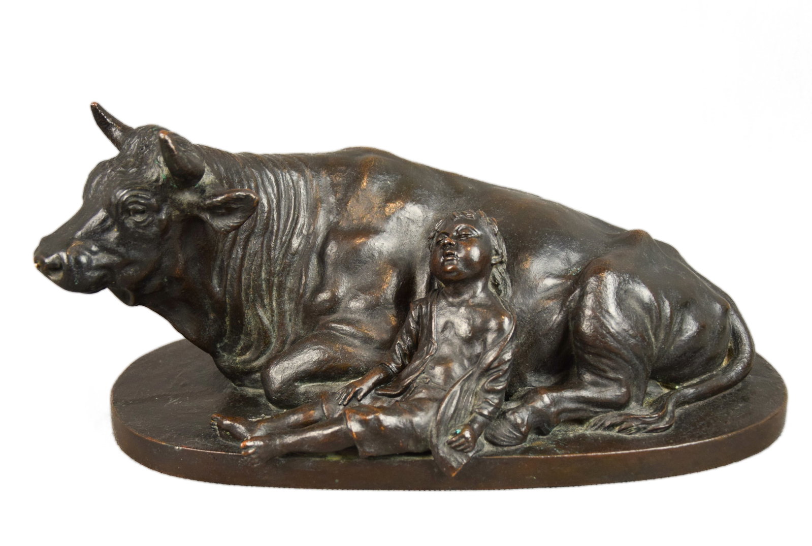 A JAPANESE BRONZE OKIMONO, BOY SLEEPING BY A BUFFALO, MEIJI PERIOD: A JAPANESE BRONZE OKIMONO, BOY SLEEPING BY A BUFFALO, MEIJI PERIOD LARGE DECORATIVE SCULPTURE, SIGNED ON THE RIM OF THE BASE. BEAUTIFUL, PRECISE CASTING WITH A NICE, DARK CHOCALATE PATINA 17 X 38 X 12