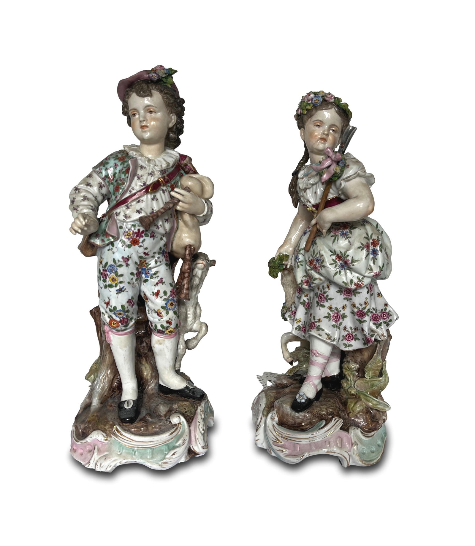 PAIR OF GERMAN PORCELAIN VOKLSTEDT FIGURES, 19TH C: PAIR OF GERMAN VOKLSTEDT FIGURES TRIEBNER, ENS & CO, 1894 - 1899 36 AND 34 CM HIGH ONE FIGURE REPAIRED REPAIRED