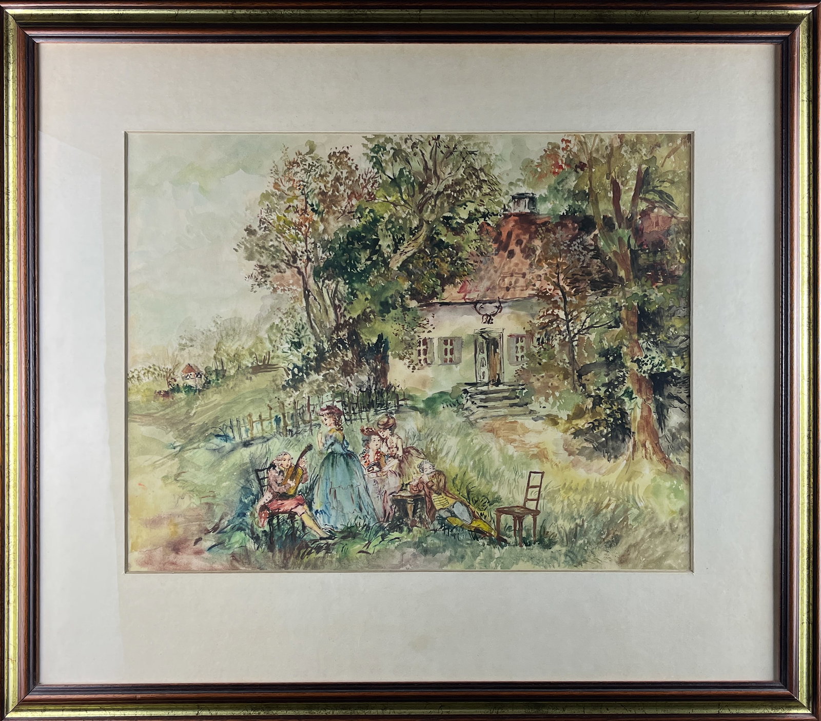 GENRE SCENE IN STYLE OF ANTOINE WATTEAU, SIGNED: GENRE SCENE IN STYLE OF ANTOINE WATTEAU, SIGNED WATERCOLOR, PAPER 39 x 49 CM // 73 X 64 CM (FRAMED) SIGNED 'J.N' GOOD CONDITION