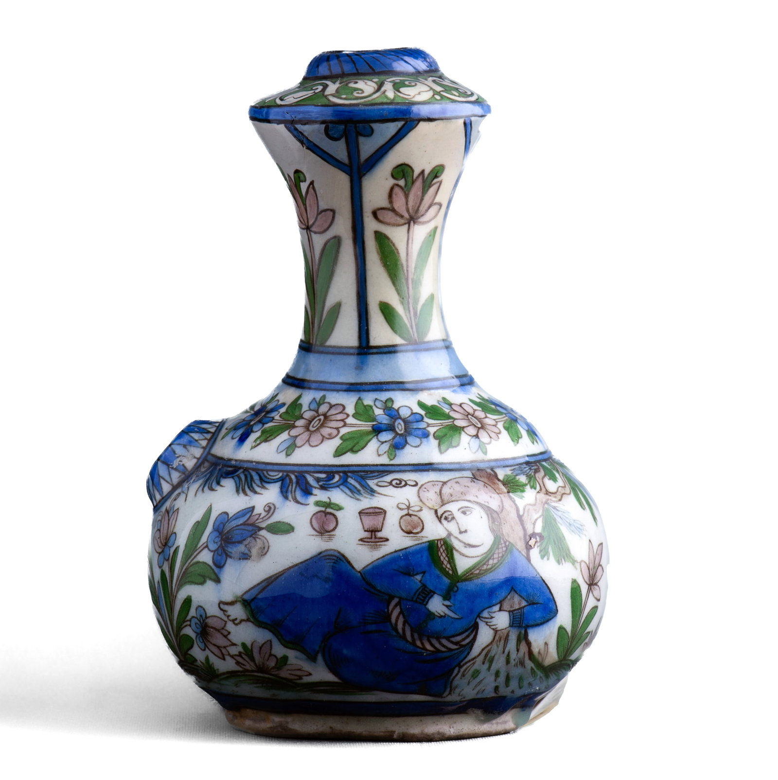 A PERSIAN KENDI SHAPED VASSEL, QAJAR DYNASTY 19TH C: A PERSIAN KENDI SHAPED VASSEL, 19TH C UNDERGLAZE-PAINTED 22 X 13 CM GOOD CONDITION
