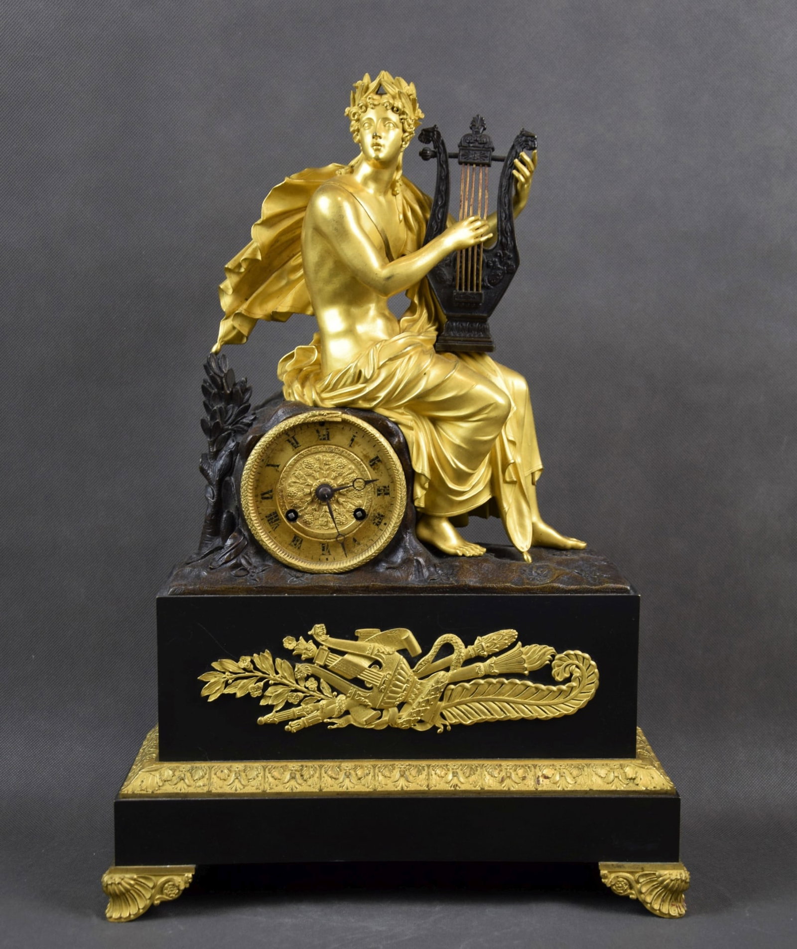 GILDED, EMPIRE STYLE MANTEL CLOCK 'ORPHEUS', FRANCE, C 1830 (1 of 1)