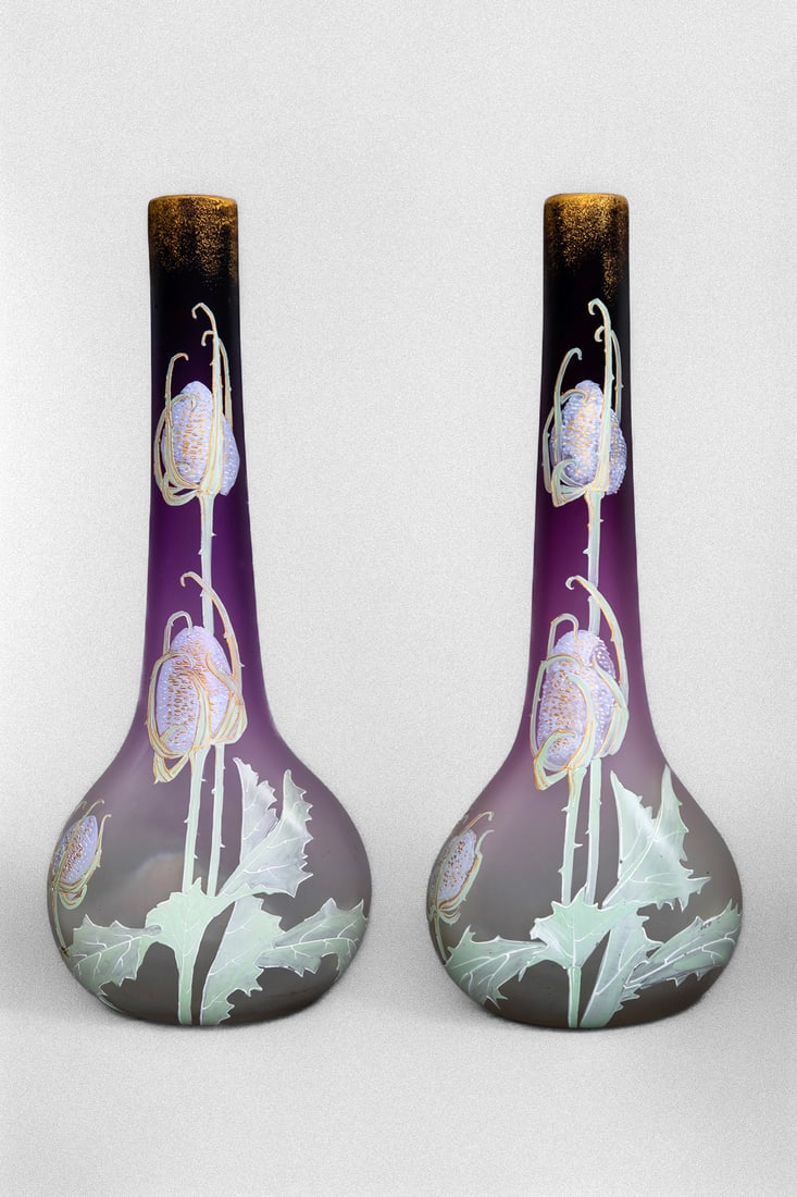 PAIR OF VASES WITH THISTLE FLOWERS, FRANCE, LEGRAS & CIE., VERRERIES DE SAINT-DENIS, CIRCA 1900. (1 of 1)