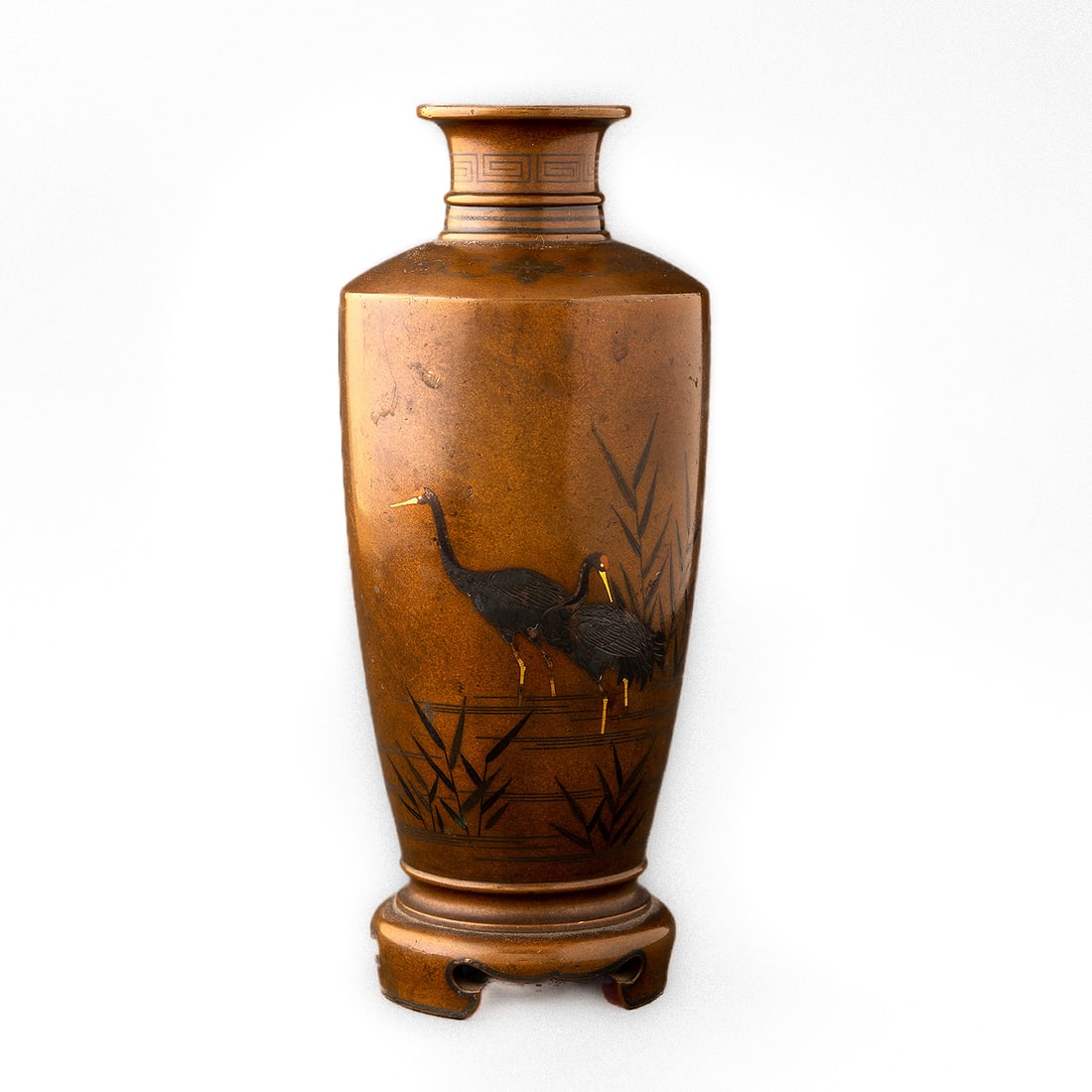 VASE DECORATED WITH A COMPOSITION OF CRANES AMONG REEDS, JAPAN, MEIJI PERIOD (1868-1912): VASE DECORATED WITH A COMPOSITION OF CRANES AMONG REEDS, JAPAN, MEIJI PERIOD (1868-1912) PATINATED BRONZE, IROE HIRAZOGAN DECORATION TECHNIQUE USING VARIOUS METALS AND ALLOYS (COPPER, SILVER, GILDING)