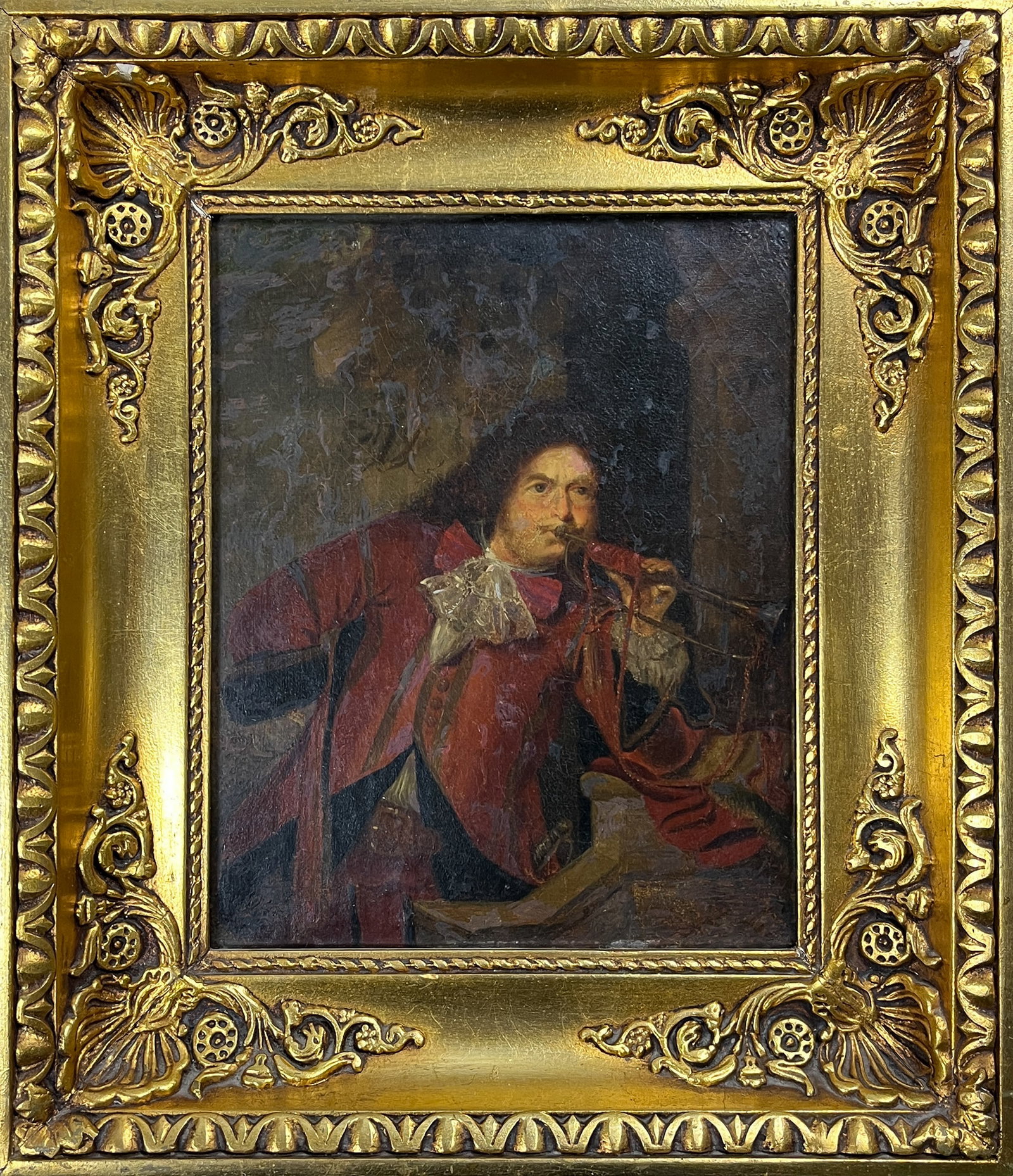 A 19TH C OIL PAINTING OF A TRUMPETER: A 19TH C OIL PAINTING OF A TRUMPETER OIL ON CANVAS 29 X 24 CM PAST RESTORATIONS