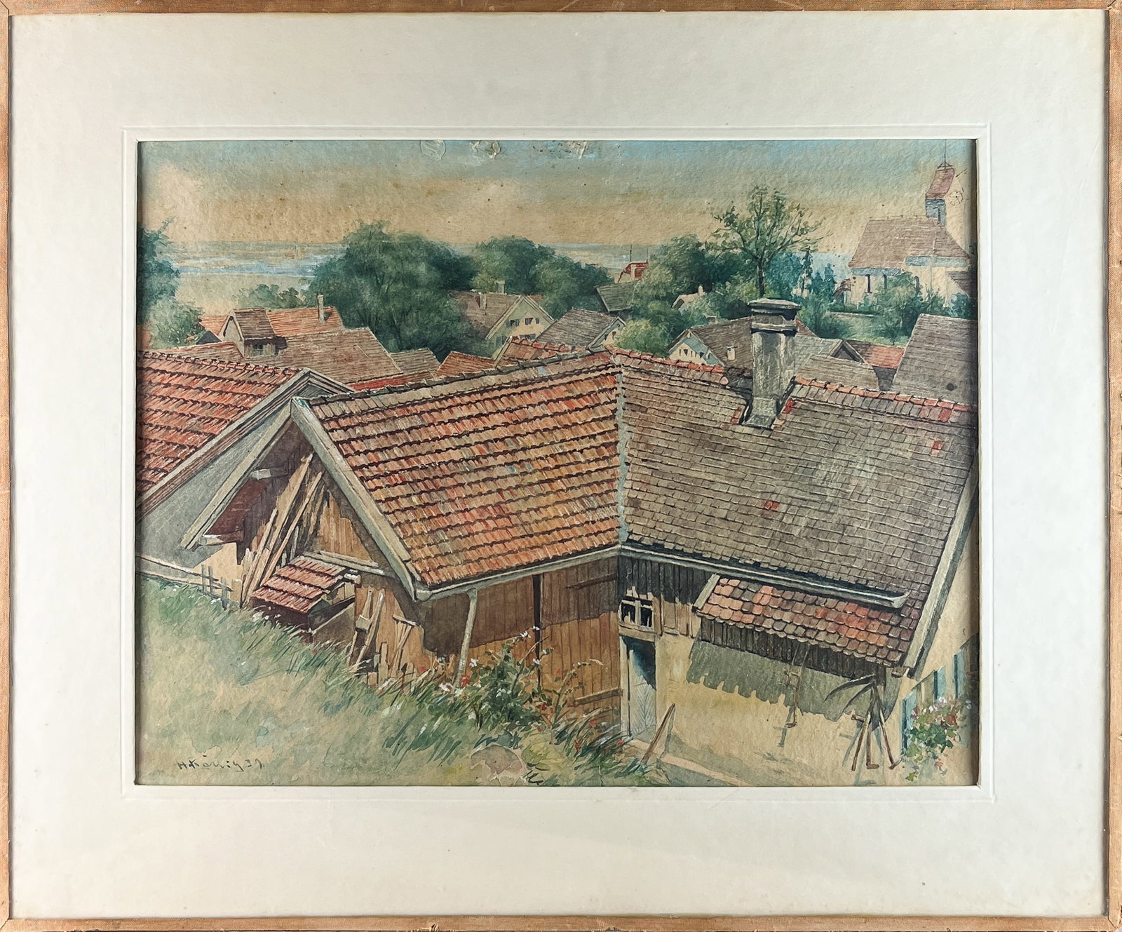 WATERCOLOR DEPICTING A RURAL TOWN, SIGNED 'H.KONIG': WATERCOLOR DEPICTING A RURAL TOWN, SIGNED, 19TH/20TH C 33 X 43 CM SIGNED AND DATED LOWER LEFT: H.KONIG 31 ACCIDENTS