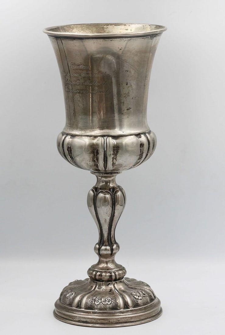 A GERMAN JUBILEE CHALICE WITH DEDICATION, DATED 1882: A GERMAN JUBILEE CHALICE WITH DEDICATION, DATED 1882 SILVER 25 CM HIGH 230 G HALLMARKED GOOD CONDTION
