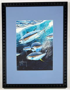 Guy Harvey - School of Yellowfin Tuna, Watercolor on Paper: GUY HARVEY Untitled (School of Tuna) Watercolor on Paper Dimensions: 20.25 x 26.25 inches This original watercolor by Guy Harvey features a vibrant school of tuna, rendered in the artist’s
