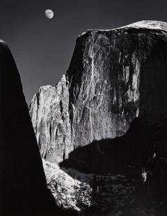 Ansel Adams - Moon and Half Dome, 1960 (Silver Gelatin): ANSEL ADAMS (1902–1984) Moon & Half Dome, 1960 Silver Gelatin Hand Signed towards the Bottom Right in Pencil Special Edition Stamp on Reverse Side 12 x 15 inches Ansel Adams' *Moon & Half Dome*, cap