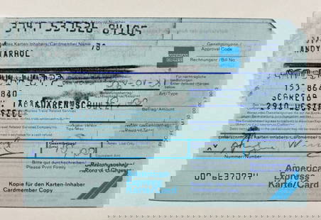 Andy Warhol Signed American Express Receipt, Dated 1981: ANDY WARHOL (1928–1987) Signed American Express Charge Slip, January 8, 1981 Carbon-Copy Credit Card Receipt Dimensions: 3.25 x 5.25 inches This rare American Express charge slip is personally signe