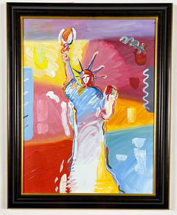 Peter Max - Statue of Liberty, Original Acrylic Painting w/ COA: PETER MAX (B. 1937) Statue of Liberty, 2009 Acrylic on Canvas Dimensions: 16 x 20.25 inches (framed); approx. 17.25 x 13 inches (as appraised) A vivid expression of patriotism and color, Statue of Lib
