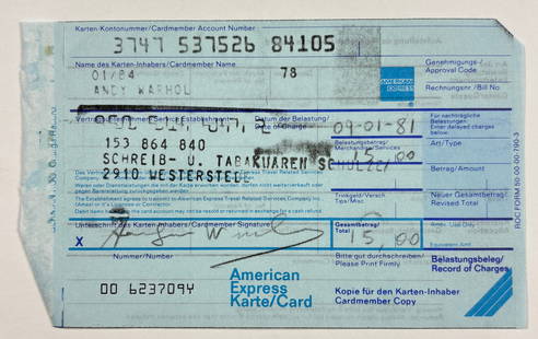 Andy Warhol Signed American Express Receipt, Dated 1981: ANDY WARHOL (1928–1987) Signed American Express Charge Slip, January 8, 1981 Carbon-Copy Credit Card Receipt Dimensions: 3.25 x 5.25 inches This rare American Express charge slip is personally signe