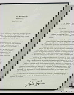 Barack Obama - Hand Signed Letter w/ Original Mailing Envelope: BARACK OBAMA (B. 1961) Hand Signed Letter dedicated to a Veteran Comes with original mailing envelope directly from the White House and a framed letter 8.75 x 11 inches