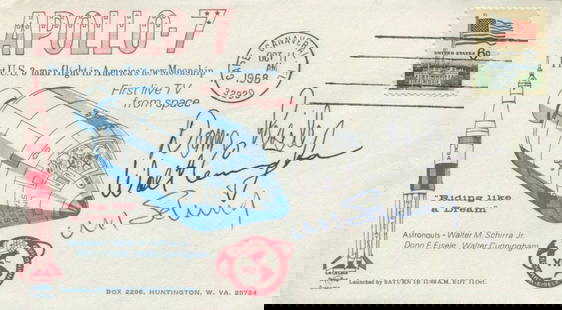 Apollo 7 Signed Launch Cover – Autographs of Schirra, Eisele, and Cunningham with Original: Apollo 7 Signed Commemorative Postal Cover Postmarked October 11, 1968 – Cape Canaveral Historic commemorative postal cover honoring the launch of Apollo 7, the first crewed mission in NASA’s