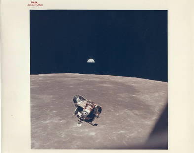 Vintage NASA Photograph – Apollo 11 LM Ascent Stage with Earthrise, July 1969 (AS11-44-6642): Vintage NASA Photograph – Apollo 11 Lunar Module with Earthrise NASA Photo ID: AS11-44-6642 – Dated July 21, 1969 A remarkable original vintage NASA color photograph (NASA photo ID: