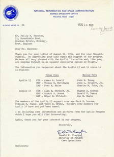 Apollo 11-Era NASA Letter Signed by Deke Slayton – Apollo 13 & 14 Crew Details, 1969: Typed Letter Signed by Donald K. “Deke&rdquo; Slayton Dated August 15, 1969 – Post-Apollo 11 Era Typed letter signed (TLS) by Donald K. “Deke&rdquo; Slayton, Director of Flight Crew Operations a