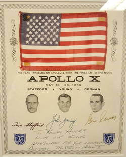 Flown Apollo 10 American Flag Signed by Stafford, Young, and Cernan – With Certificate to Howard: Apollo 10 Flown U.S. Flag with Crew-Signed Certificate Dedicated to Howard Hughes – May 18–26, 1969 A remarkable piece of American space history — an original U.S. flag flown aboard Apollo 10, t