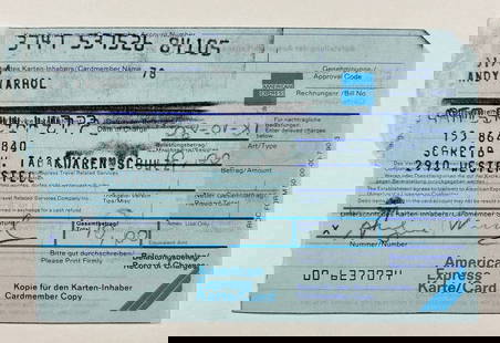 Andy Warhol – Signed American Express Charge Slip, 1981: ANDY WARHOL (1928–1987) Signed American Express Charge Slip, January 8, 1981 Carbon-copy credit card receipt Hand signed in pencil by the artist This rare American Express charge slip is personally