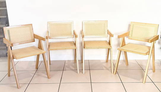 Attrib. to Pierre Jeanneret - Set of Chairs: Attributed to PIERRE JEANNERET (1896-1967) Set of 4 Chairs Wood and Upholstery This set of four chairs, attributed to Pierre Jeanneret, reflects the minimalist elegance and functional design for which