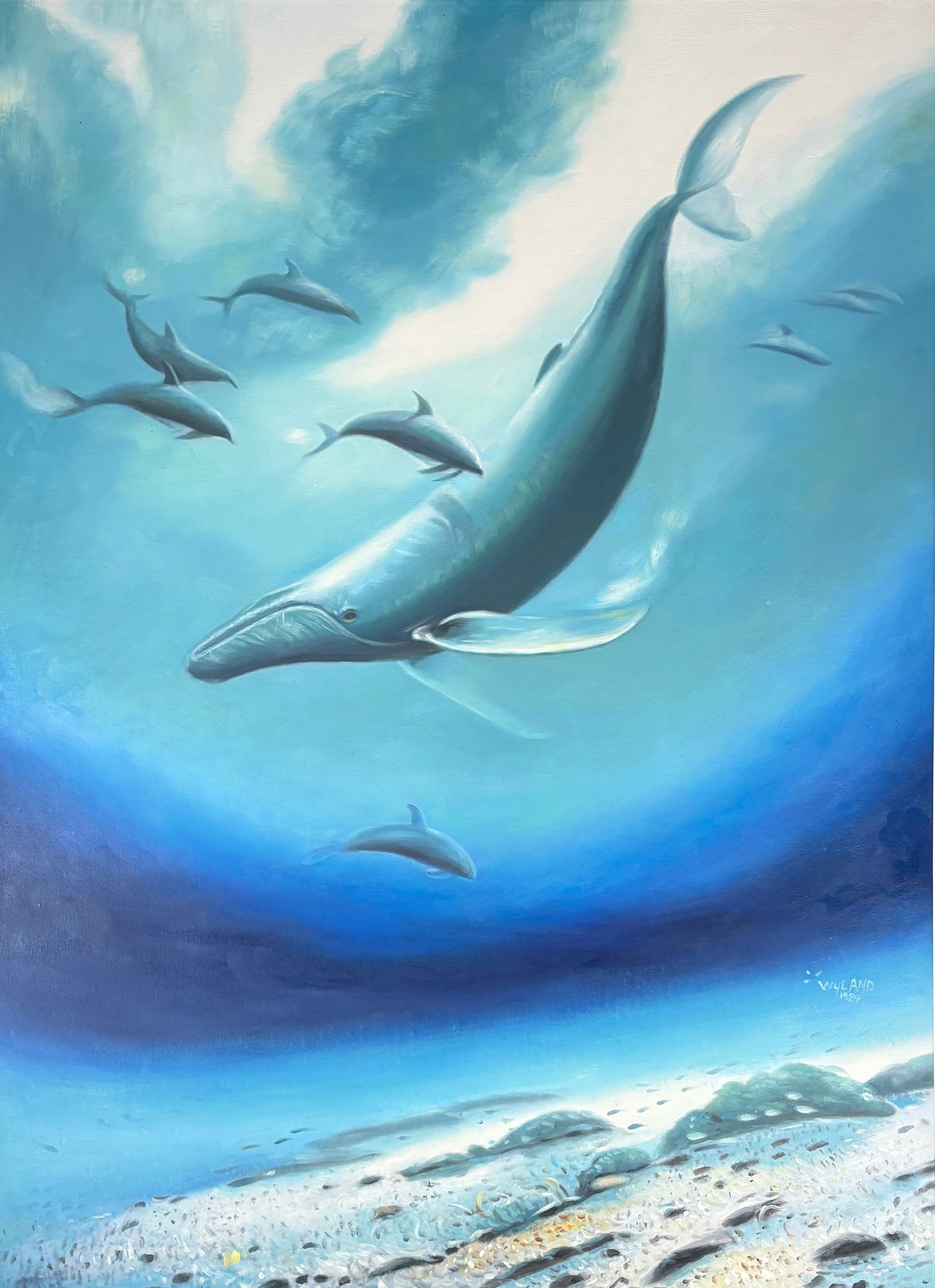 Robert Wyland – Original Oil Painting of Whale and Dolphins: ROBERT WYLAND (b. 1956) Original Oil Painting Oil on canvas Signed and dated 1984 by the artist A breathtaking original oil painting by renowned marine life artist Robert Wyland, featuring a majestic