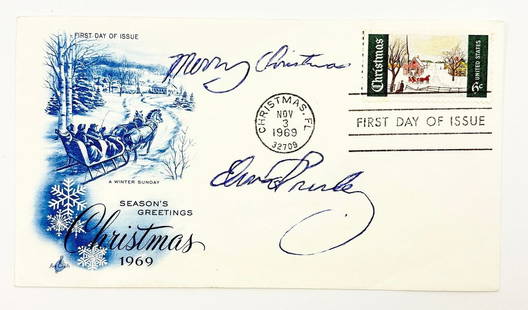 Elvis Presley Hand-Signed 1969 Christmas First Day Cover: ELVIS PRESLEY (1935–1977) Christmas First Day Cover, 1969 Hand-signed in blue ink A festive First Day Cover envelope postmarked November 3, 1969, from Christmas, Florida, bearing a 6¢ holiday