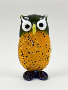 Murano Art Glass Owl Sculpture, 6 Inches Tall: MURANO Art Glass Owl Hand-blown in the traditional Murano style, this vibrant owl sculpture features a striking mix of orange, black, green, and white glass. Characterized by its expressive eyes and