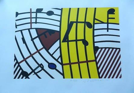 Roy Lichtenstein – Composition II, Musical Notes: ROY LICHTENSTEIN (1923–1997) Composition II, Musical Notes Silkscreen featuring bold graphic elements in Lichtenstein’s iconic Pop Art style, integrating musical motifs and abstract form. Hand sig