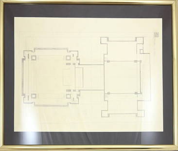 Frank Lloyd Wright Drawing (American, 1869-1959): FRANK LLOYD WRIGHT (1867–1959) Unity Temple Pencil drawing of a blueprint This intricate pencil drawing by Frank Lloyd Wright depicts a blueprint for Unity Temple, one of his most celebrated archite