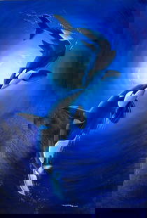 Robert Wyland - Scene of Two Orcas, Oil on Canvas: ROBERT WYLAND (B. 1956) Scene of Two Orcas Oil on canvas A mesmerizing underwater composition by celebrated marine life artist Robert Wyland, depicting two majestic orcas gliding gracefully toward one