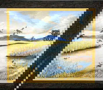Harry Curieux Adamson (1916-2012), Oil on Canvas: HARRY CURIEUX ADAMSON (1916–2012) Autumn Ducks Oil on canvas In Autumn Ducks, Harry Curieux Adamson captures a tranquil wetland scene as a flock of ducks glides across the open sky and settles into