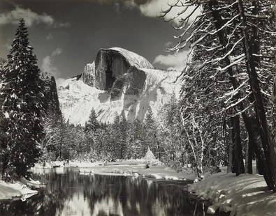 Ansel Adams - Half Dome, Merced River Silver Gelatin (Signed): ANSEL ADAMS (1902–1984) Half Dome, Merced River, Winter Photograph Initialed in pencil by the artist Stamped on reverse with Ansel Adams studio copyright stamp This iconic photograph, Half Dome, Mer