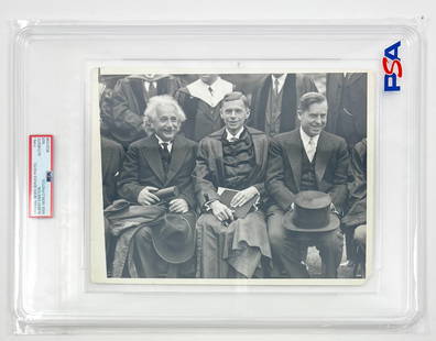 Albert Einstein - Original 1935 Photograph at Harvard Commencement – PSA Type I: ALBERT EINSTEIN (1879–1955) Original 1935 Photograph at Harvard Commencement – PSA Type I Gelatin silver news service photograph featuring Dr. Albert Einstein seated during Harvard University's 29
